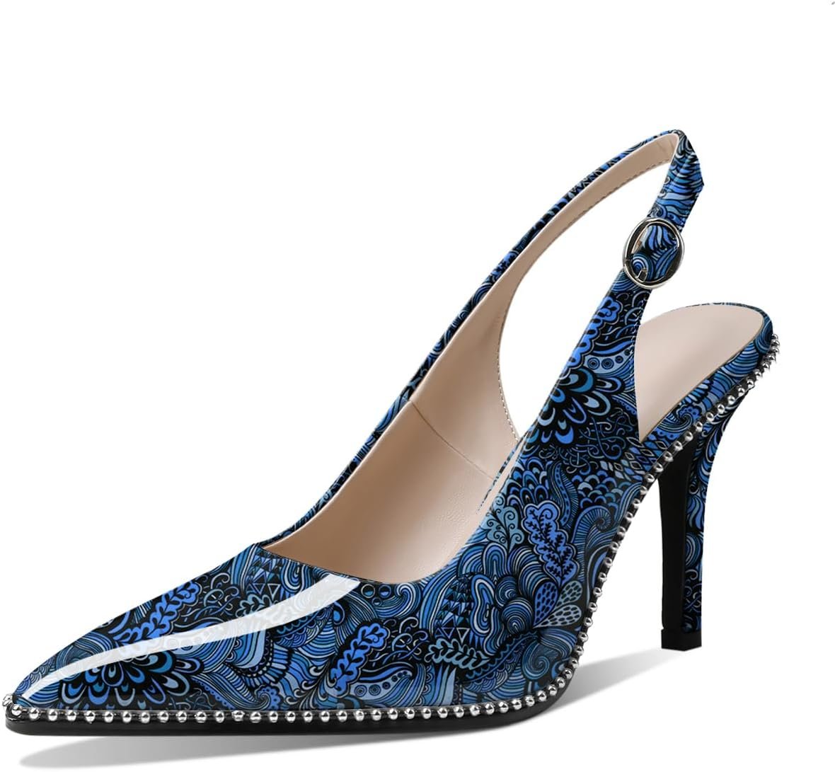 61uWGc77SL._AC_SL1258_.jpg Women Beaded Pumps High Heel Slingback Pointed Toe Slip On 3.5 Inch Stilettos Ankle Strap Adjtable Buckle Patent Leather Size 5 -Size 13 - Image 1