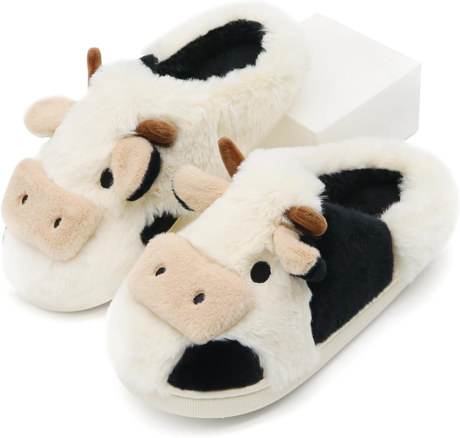 61xXXn4z5sL._AC_SL1500_.jpg Fuzzy Cow Slippers for Women Men Adults, Fluffy Plush and Cozy Cotton House Slippers for Indoor Outdoor Bedroom, Warm Furry Cow Print Slipper for Winter Spring Fall - Image 1