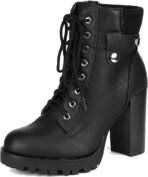 Women Lace up Combat Ankle Boots High Chunky Heel Fashion Heeled Booties Shoes