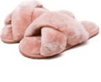 Women Fuzzy Fluffy House Slippers Cute Plush Memory Foam Shoes Cross Band Indoor Outdoor Open Toe Sandals