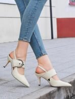 Women Slingback Pumps Closed Pointed Toe High Heels Belt Buckle Strap Dressy Work Shoes - Image 2