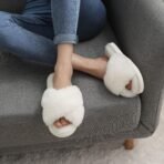 Women Fuzzy Slippers Cross Band Memory Foam House Slippers Open Toe - Image 2