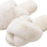Women Fuzzy Slippers Cross Band Memory Foam House Slippers Open Toe