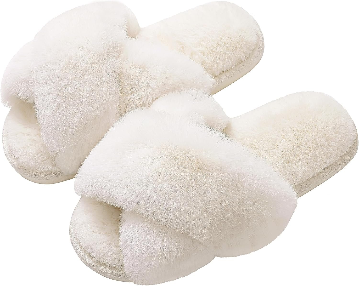 81YM-vsIEnL._AC_SL1500_.jpg Women Fuzzy Slippers Cross Band Memory Foam House Slippers Open Toe - Image 1